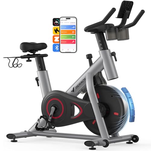 Image of MERACH Exercise Bike, Magnetic Friction Stationary Bike with Brake Pad and Exclusive App, Low Noise Indoor Cycling Bike with 300lbs Weight Capacity, Tablet Mount and Fitness Courses for Weight Loss