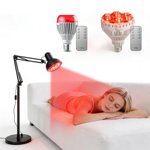 SANSI 25W 670nm Red Light Bulb for Sleep Therapy, Zero Blue Light for Melatonin Promoting Natural Sleep Aid + 32W 660nm 850nm Red Light Therapy for Body Face with Adjustable Stand