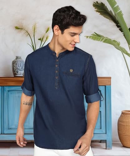 Image of Kuons Avenue Men's Denim Casual Short Kurta | Mandarin Collar | Full Sleeves | Tailored Fit- Stylish Ethnic Wear