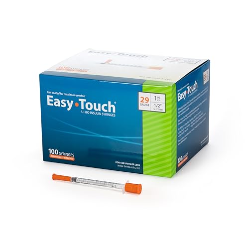 Image of Easy Touch Individually Wrapped 29 Gauge U-100 Insulin Syringes (29G 1cc 1 /2 inch) with 1 /2 inch Long Needle, 1cc (100 Unit Capacity), Bold Markings for Accurate Dosing, Disposable, Box of 100