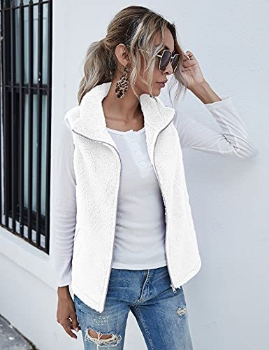 Raphin Damen Westen Ärmellos Teddy-Fleece Warm Mode Mantel Damen Winter Elegant Einfarbig Reißverschluss Lose Pelz Weste Mit Taschen(Weiß,L)