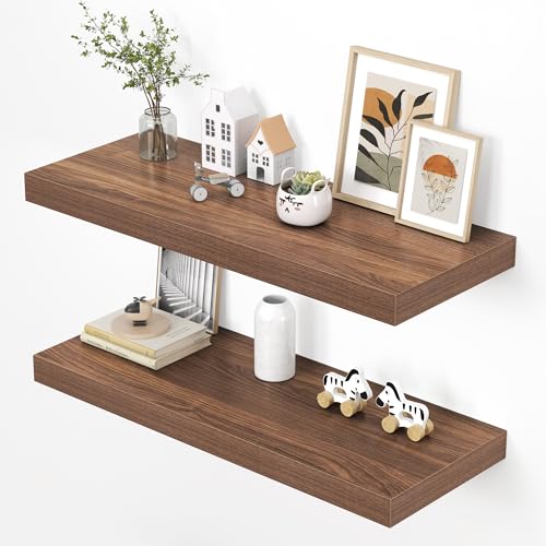 Image of Dreamland 36 inch Floating Shelves for Wall, 12 inch Deep Thicker Walnut Floating Shelves, Wall-Mounted Shelves for Bedroom, Living Room, Kitchen, Bathroom - Set of 2