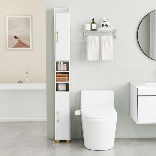 Image of Tangkula Narrow Bathroom Cabinet, 69.5 inch Tall Storage with 2 Doors & Adjustable Shelves, Toilet Paper Rod & Side Hook, Anti-toppling Design, Slim Floor Cabinet for Small Spaces (White, 1 Pack)