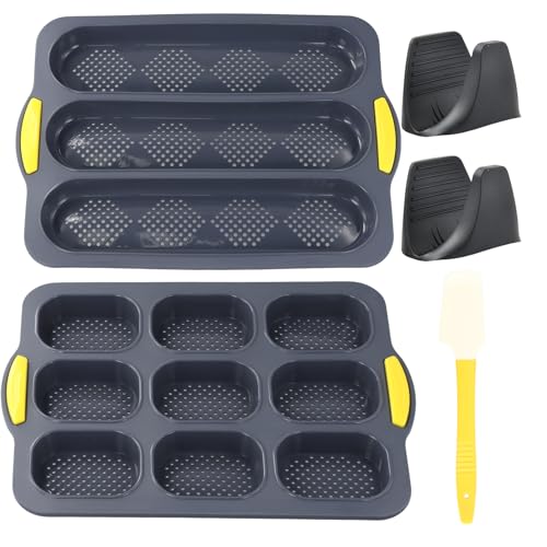 Aohyue 2 Stück Brötchen Backform Set, Baguette Backform, Silikon Backformen für Brötchen und Baguette, Backblech mit 2 Isolationshandclip und 1 Silikonschaber, für Muffins, Brot