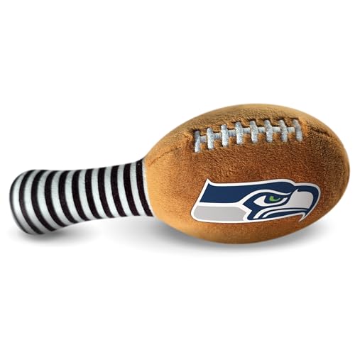 Image of Seattle Seahawks Plush Football Rattle by Smilo - Officially Licensed NFL Baby Rattle Toy - Soft Baby Rattle with Bell - for Babies and Toddlers from 3 Months