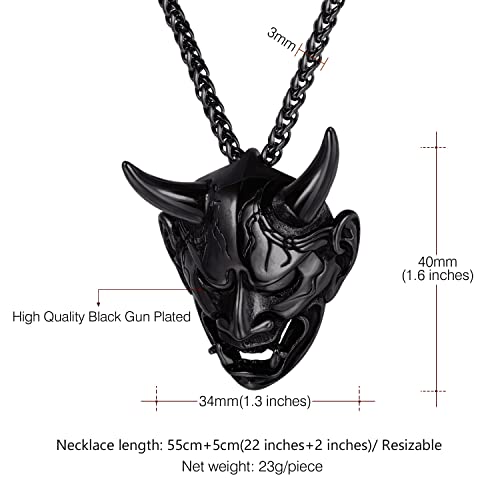 U7 Men Oni Mask Necklace Gothic Punk Jewelry Black Metal Plated Stainless Steel Hannya Demon Horn Skull Pendant Necklace #TOP3