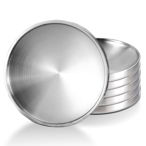 ZJMONE Stainless Steel Plates 6Pcs Double Layered Silver Lightweight Unbreakable Dinner Dishes Plates Set Feeding Serving Camping Reusable and Dishwasher Safe (7.5 inches)