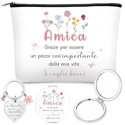 Design raffinato: la trousse per il trucco e lo specchio sono decorati con delicati motivi floreali e un messaggio di ringraziamento in italiano: [Amica Grazie per essere un pezzo così importante della mia vita; Ti voglio bene!]; I portachiavi sono incisi con un messaggio delicato e sentito: [Le Amiche Sono le sorelle che ti scelgono], un regalo amica davvero memorabile che lascerà la destinataria con una sensazione di valore e affetto