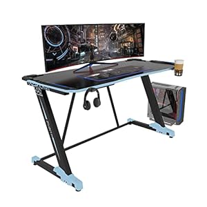 55 Inch Gaming Desk, PC Computer Desks, Gamer Tables, with LED Lights, Cup Holder, Headphone Hook, Cable Mange Box, Gift for Men, Boyfriend, Blue