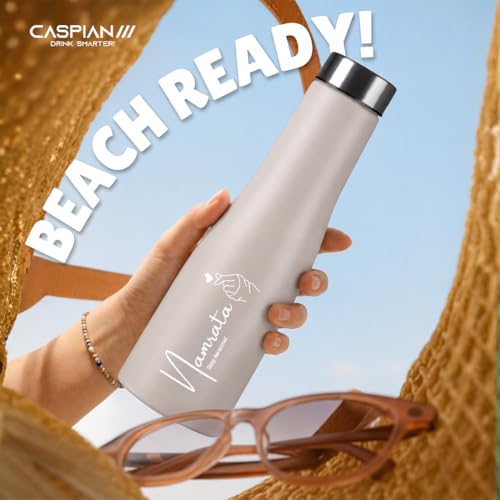 Image of CASPIAN / / / Aqua Customised Stainless Steel Water Bottle 1L,Beige with Logo Print - Personalised Water Bottle with Your Name Print for Kids Boys Girls School Office Gym- Perfect for Corporate Gifting