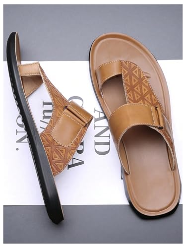 Image of GORGLITTER Men's Leather Sandals Slide Beach Outdoor Round Flip Flops Slip On Slippers