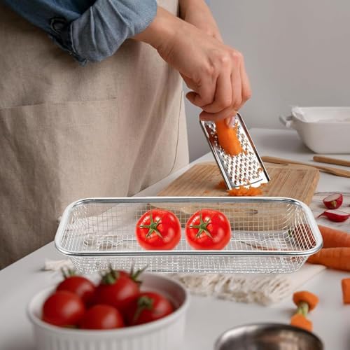 Image of Stainless Steel Sink Colander Strainer Basket, Rectangular Kitchen Drain Tray for Fruit & Vegetable Washing, Rust Proof Metal Mesh Rinsing Basket for Home Kitchen Use