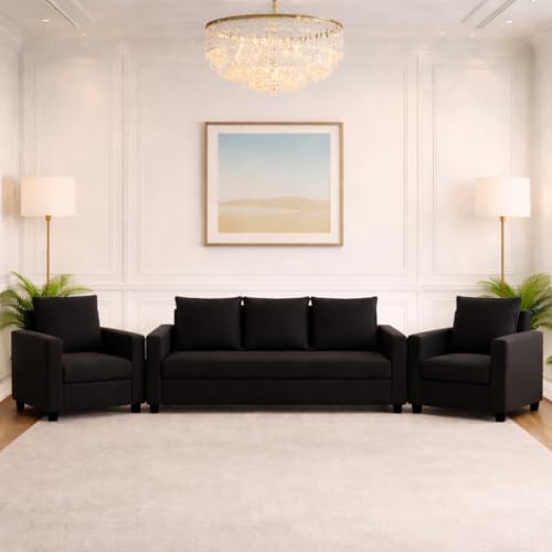 Image of Wood 3+1+1 Sofa Set 5 Seater | Velvet Fabric Upholstery | Wooden Frame Sofa Set with 3 Seater & 2 Single Chairs for Living Room, Home & Office (Black)