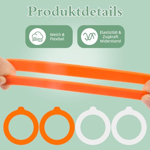 8 Silikon-Dichtungsringe für Gläser – 4 x 3,75\ & 4 x 4,5\ Gummidichtungen für Gläser, weiß & orange, luftdicht und auslaufsicher, Ersatzdichtungen für Mason Einmachgläser mit normaler Öffnung