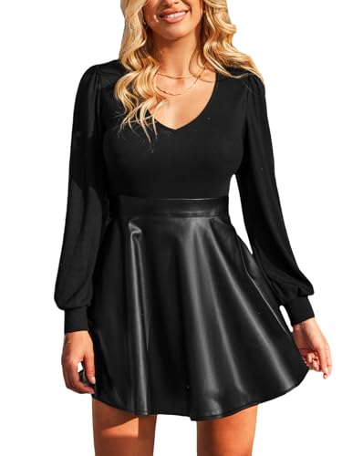 CUPSHE Damen Herbst Winter Kleid Langarm V-Ausschnitt Freizeitkleider A-Linie PU-Lederrock Elegant Party Mini Dress