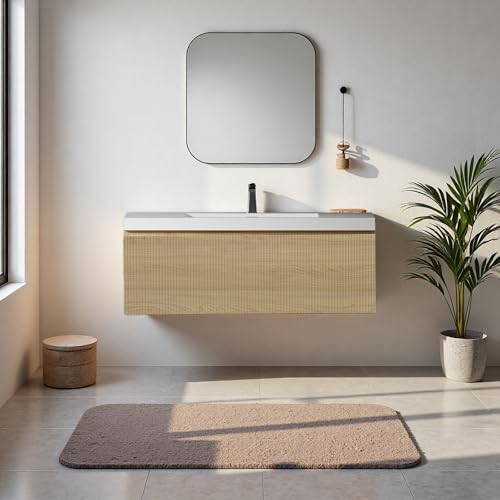 Image of 42'' Floating Bathroom Vanity with Sink, Wall-Mounted Bathroom Storage Cabinet with Soft-Close Striped Drawer & Solid Surface Basin, Modern Natural Oak Body with Internal Handle, Wood
