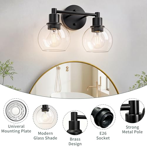 Image of 2 Light Bathroom Light Fixtures Black Vanity Lights, Farmhouse Bathroom Vanity Lights 2-Light Matte Black Globe Bathroom Vanity Lighting Fixture Over Mirror