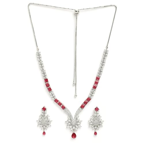 Image of ZENEME Rhodium Plated Brass Silver Toned Floral & Tear Drop Blue Crystal American Diamond Necklace With Earring Jewellery Set For Women