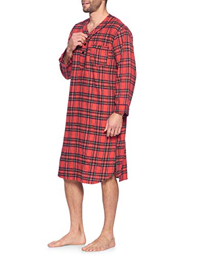 Ashford & Brooks Mens Flannel Plaid Long Sleep Shirt Henley Nightshirt, Red Stewart, Large #TOP1