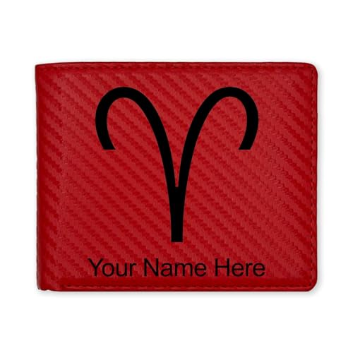 LaserGram Faux Leather Bi-Fold Wallet, Zodiac Sign Aries, Personalized Engraving Included (Carbon Fiber Red)
