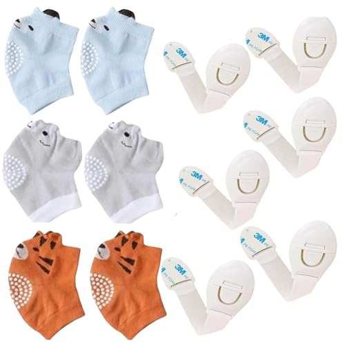 Baby Crawling Knee Pads – 3 Pairs Non-Slip Infant Knee Protectors with 6 Baby Safety Locks for Cabinets and Drawers.