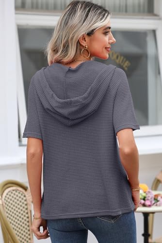 Image of Dokotoo Womens Summer Tops Waffle Knit Short Sleeve Lightweight Drawstring Hoodies Button V Neck Casual Blouses Shirts