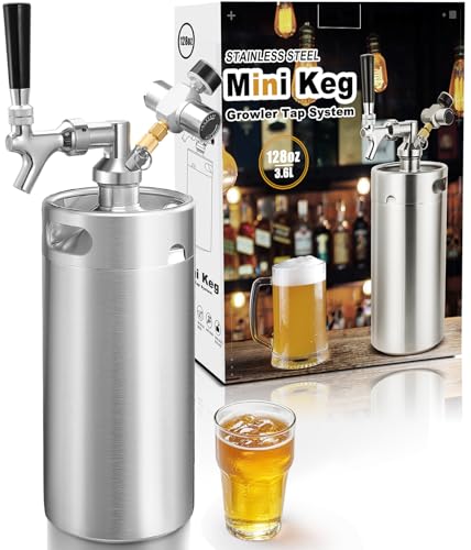 Hgkeke 128Oz Mini Keg Growler Tap System, Pressurized Stainless Steel Beer Keg, Portable Draft Beer Dispenser System to Keep Fresh and Carbonation, Beer Tap System for Homebrew, Silver