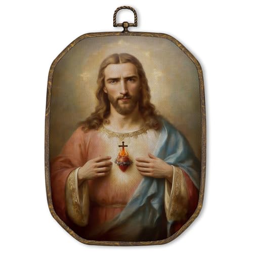 MORDMODUCK Vintage Catholic Octagon Wall Art Decor, Sacred Heart of Jesus Canvas Prints Framed Artwork, Christian Religious Wall Art for Home Bedroom Living Room Decor, 10.2x7 Inch