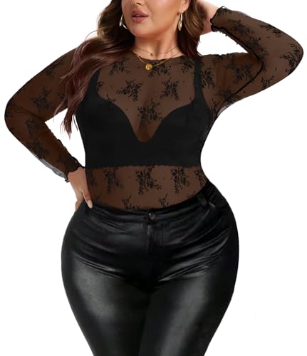 AYIFU Women's Lace Mesh Top Sheer Plus Size See Through Floral Long Sleeve Mock Neck Blouse Tops