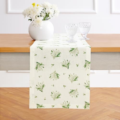 Solino Home Lily Floral Print Table Runner 108 Inches Long - 100% Pure Linen Table Runner 14 x 108 Inch - Lily of The Valley/Off White Print