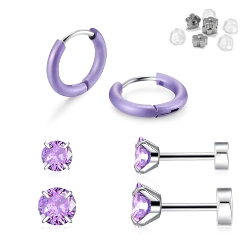 Surgical Steel Stud Hoop Earrings for Women Men, Hypoallergenic 20G Screw Back Earrings Small Huggie Hoop Earrings Flat Back Stud Earrings CZ Stud Earrings Set for Multiple Piercing Dainty Cartilage Earrings