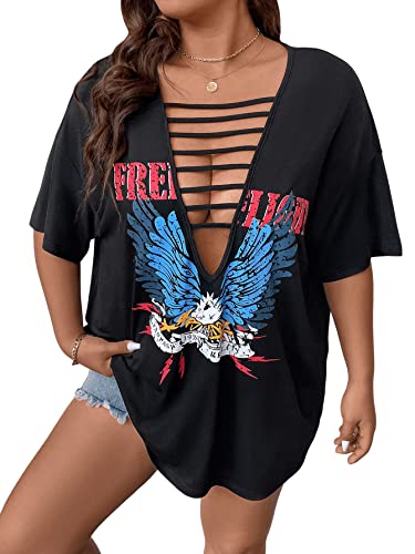 SOLY HUX Women's Plus Size Letter Graphic Tees Cut Out Deep V Neck Half Sleeve T Shirts Tops3