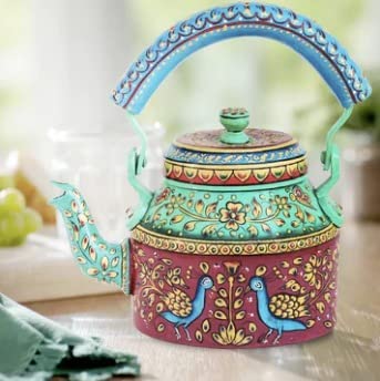 Traditional Handpainted Aluminum Kettle Tea Pot for Serving (Bottle Green)