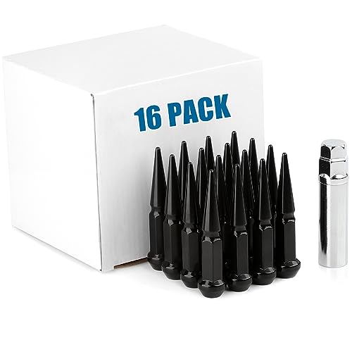 Image of JiiinMiiin M10x1.25 Long Steel Spike Lug Nuts, Thread Pitch 10x1.25, Set of 16 ATV Wheel Nuts with A Socket. [Black]