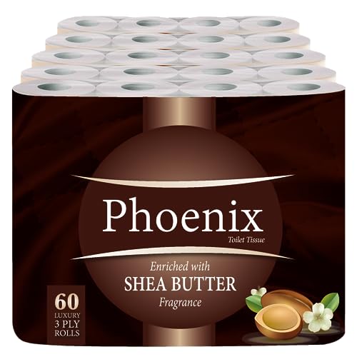 Phoenix Soft Shea Butter Fragranced Luxury Toilet Rolls Bulk Buy - Quilted White 3 Ply Toilet Paper (60 Pack)