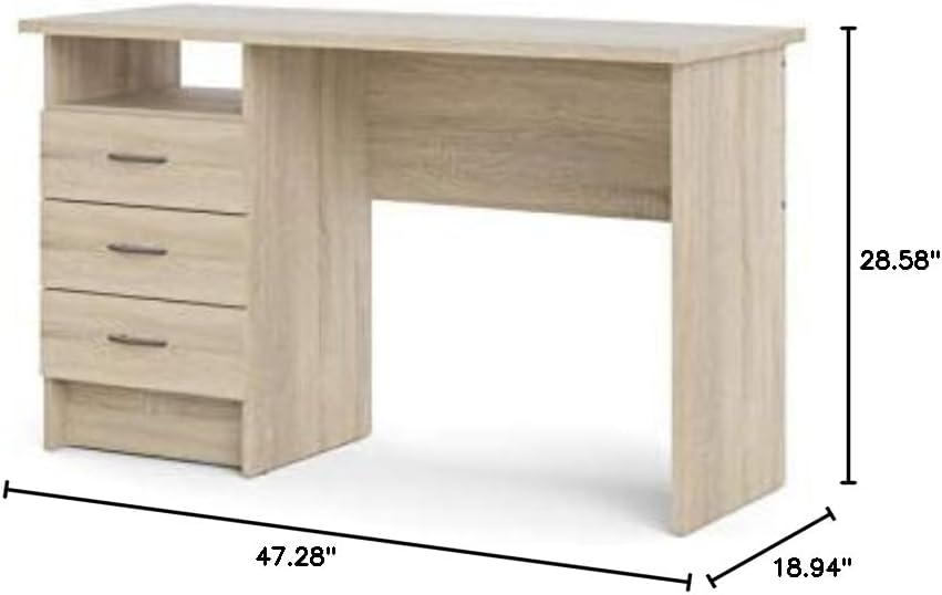 Pemberly Row Contemporary Writing Desk, 47.28 in W x 18.94 in D x 28.58 in H, Engineered Wood, Oak Finish, 3 Drawers, Open Shelf, Durable Scandinavian Home Office Workspace