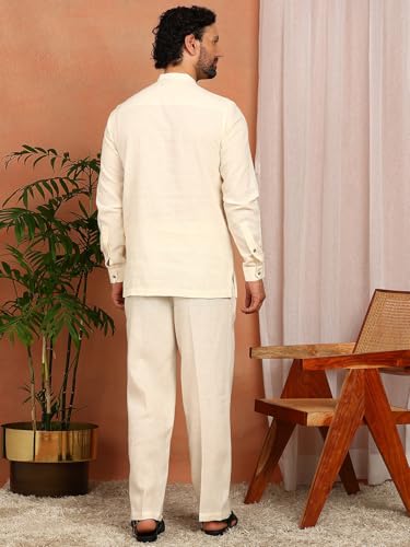 Image of See Designs Men's Full Sleeve Mandarin Collar Linen Solid Pathani Set