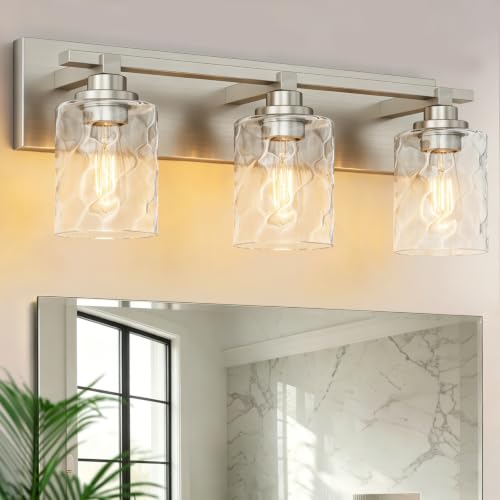 Image of Bathroom Light Fixtures,3-Light Brushed Nickel Vanity Lights Over Mirror | Modern Wall Light,Clear Ripple Glass Shade,Sturdy Metal Frame,For Bathroom Remodel,Easy Install,E26 Socket,ETL-Listed 20-inch