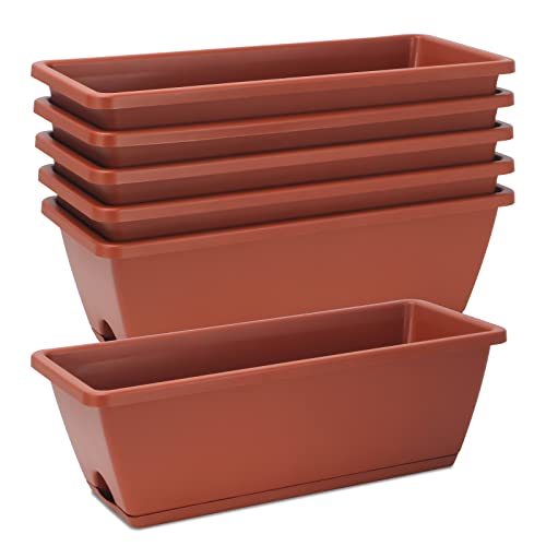 HOXHA Window Box Planter, 6 Pack 17inch Plastic Vegetable Flower Planter Boxes with Tray, Indoor Outdoor Flower Pots for Windowsill, Patio, Porch, Garden Balcony, Brick Red