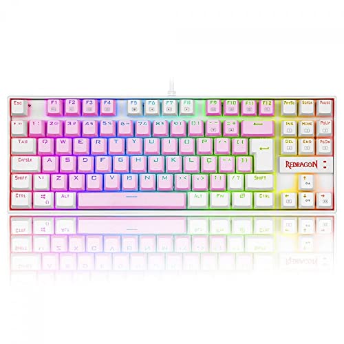 TECLADO MECANICO GAMER RGB REDRAGON KUMARA ROSA E BRANCO COM SWIT...