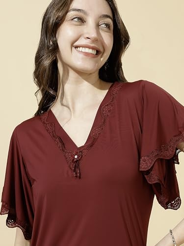 Image of 9shines Label Stylish Soft Modal Maxi Nighty | Honeymoon Nighty | Full Length Trendy Nightgown | V-Neck Lace | Premium Nightdress | Soft Long Nightdress | Maxi Gown Nightwear for Women (Malai Satin)