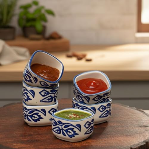 Image of Freakway Handpainted Floral Studio Pottery Ceramic Chutney Bowl Set (40 ML, Small, Set of 6, Blackand Off White)