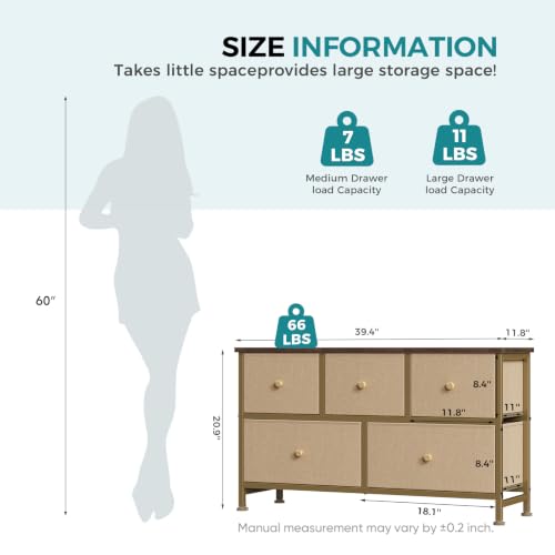 Image of OLIXIS 5 Drawer Dresser for Bedroom, Storage Organizer for Closet, Khaki