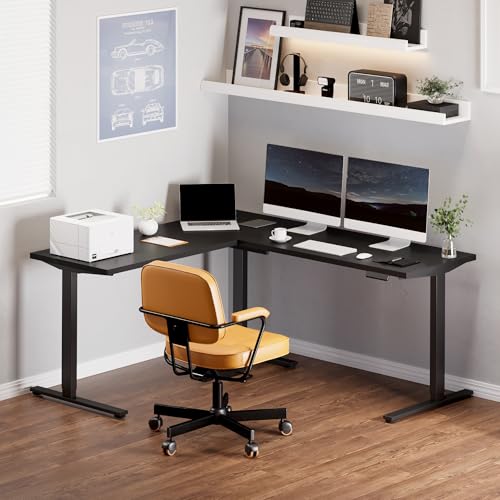 Image of FLEXISPOT L Shaped Standing Desk, 71 x 63 Inch Electric Height Adjustable Corner Desk, Sit Stand Computer Workstation, Preset Controller, Home Office, Black Frame with Black Top