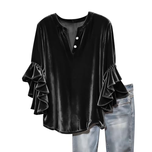Blusa elegante para mujer, manga 3/4, manga larga, terciopelo, volantes, cuello en V, blusa de verano, elegante, túnica, informal, suelta, básica, para el día a día, O negro., XL