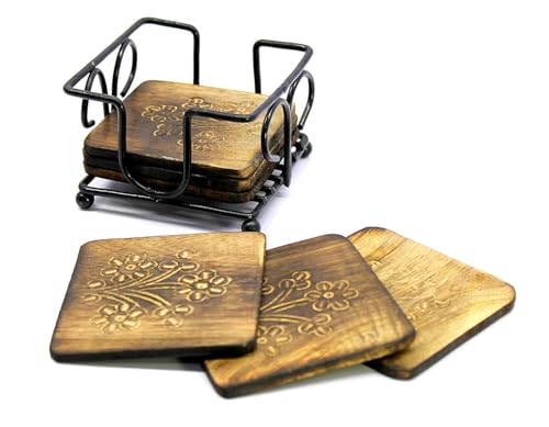 natureCRAFTS Wooden Coasters for Drinks Set of 6 with Iron Holder, Wooden and Iron Tea Coaster to Prevent Furniture from Being Polluted or Damage, Durable and Long-Lasting, Unique Present for Friends