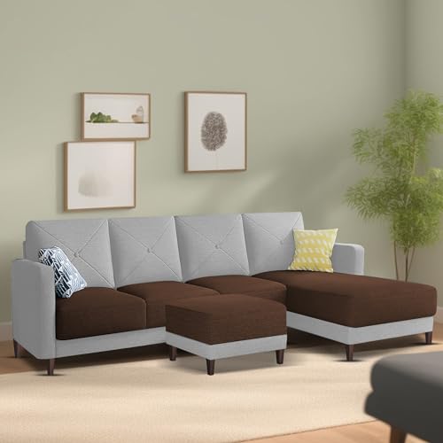 Image of Baloney RHS 6 Seater L Shape Sofa Set with Center Table for Living Room (Brown Grey Fabric) Premium Fabric Sofa