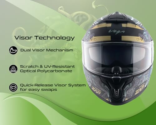 Image of Vega Zap DV Medusa Full Face Motorcycle Helmet with Dual Visor, Shock Absorbing Liner, Comfortable Interior, Lightweight Shell, Aerodynamic Design, Ventilated Fit, and Trendy Dull Black Grey Finish Dull Black Grey-M