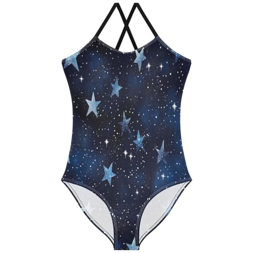 Pigsaly Girls One Piece Swimsuits Stars Navy Blue Gradient Flashing Glitter Kids Cross Back Swimwear Sport Bathing Suit 3T