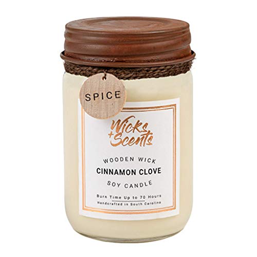 Wicks + Scents Cinnamon Clove Wooden Wick Soy Candle - 8 oz Recycled Glass Jar with Rustic Lid - Burn Time Up to 50 Hours